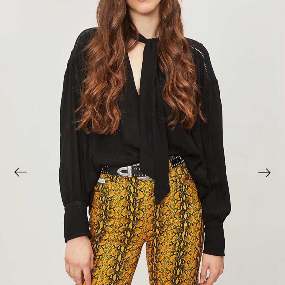 FREE PEOPLE Wishful Moments bow woven blouse black Size XS oversized fit.